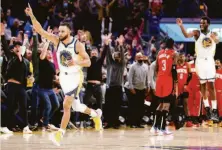  ?? Santiago Mejia / The Chronicle ?? Warriors guard Stephen Curry leads the celebratio­n after hitting the game-winner against the Rockets on Friday.