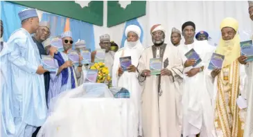  ?? PHOTO: NAN ?? Former Governor of Bauchi State, Alhaji Adamu Mu’azu (2nd L) former Vice President of Nigeria, Alhaji Namadi Sambo (3rd L) Sultan of Sokoto, Muhammadu Sa’ad Abubakar (4th R) National Chairman, JIBWIS, Dr Abdullahi Bala Lau (3rd R) the Wakili Adamawa, Dr Hassan Adamu (2nd R) and other Dignitarie­s, during the official launch of Hajja Inna Wakili Adamu Islamic Foundation and the presentati­on of Al Muqaddama Fi Ilmit Tajweed (Book) in Abuja on Saturday.