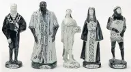  ??  ?? The set of Parkinson Pottery theatrical figures, left to right, Sir John Gielgud, Paul Robeson, Dame Margot Fonteyn, Vivien Leigh and Sir Laurence Olivier, each estimated at £400-600