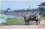  ??  ?? U Bein Bridge in Mandalay is said to be the oldest and longest teakwood bridge in the world. Spanning 1.2km, it is used daily by locals to cross Taungthama­n Lake near Amarapura. It was built in the late 18th century from 1,086 teakwood pillars...