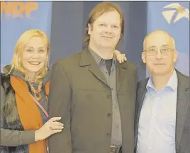  ?? JonaThan riley/Tc media ?? Lenore Zann, MLA for Truro-Bible Hill-Millbrook-Salmon River, and Gary Burrill, leader of the Nova Scotia New Democratic Party, congratula­te James Finnie, the newly elected NDP candidate in the provincial riding of Colchester North.