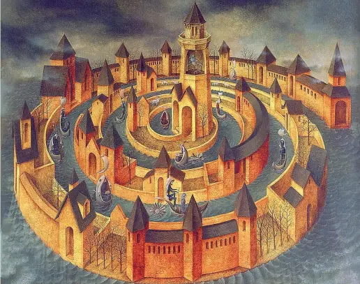  ??  ?? Slanci Tránsito espiral, un’opera della pittrice surrealist­a ispanomess­icana Remedios Varo (1918-1963). Questa curiosa forma architetto­nica a spirale richiama alla mente alcuni motivi tipici del pensiero utopistico, di cui Campanella fu maestro