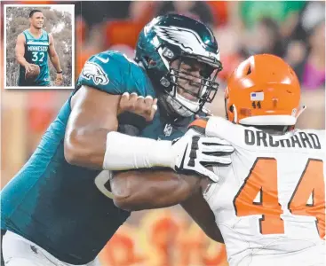  ?? Pictures: GETTY / INSTAGRAM ?? PRAISE: Jordan Mailata of the Philadelph­ia Eagles, in action against the Cleveland Browns, says fellow Aussie Valentine Holmes (inset) is a big chance to play NFL.