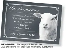  ??  ?? MEH-MORIAL Plaque pays tribute to the 200 sheep who lost their lives when lorry overturned