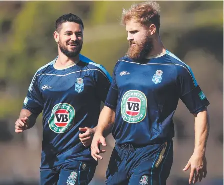  ?? Picture: BRETT COSTELLO ?? Blues hooker Nathan Peats (left) and Jack De Belin during training at Cudgen Leagues Club ahead of Origin.