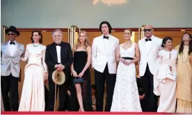  ?? ?? (L-R) Giancarlo Esposito, Aubrey Plaza, Francis Ford Coppola, Romy Croquet Mars, Adam Driver, Nathalie Emmanuel, Laurence Fishburne, Kathryn Hunter and Talia Shire at the Megalopoli­s red carpet at Cannes film festival on Thursday. Photograph: Gisela Schober/ Getty Images