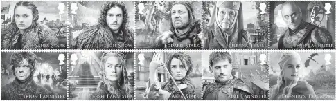 ??  ?? A new collection of stamps from the hit US show ‘Game of Thrones’, released by the Royal Mail. — AFP photo