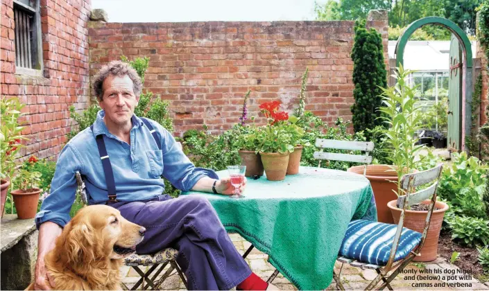  ?? ?? Monty with his dog Nigel and (below) a pot with cannas and verbena