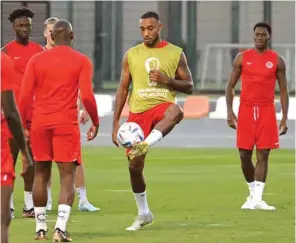  ?? ?? Canada players take part in a training session at the Umm Salal SC in Doha yesterday.