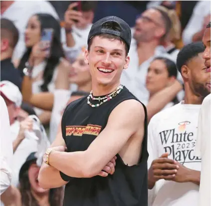  ?? JOHN MCCALL/SOUTH FLORIDA SUN SENTINEL ?? Heat guard Tyler Herro reacts as his team beats the Knicks during Game 6 of a second-round playoff series May 12 in Miami.