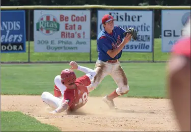  ?? AUSTIN HERTZOG - MEDIANEWS GROUP ?? Boyertown shortstop Chris Davis gets the force out at second and looks to turn a double play against Souderton during the Pa. Region 2 tournament at Boyertown on July 21.