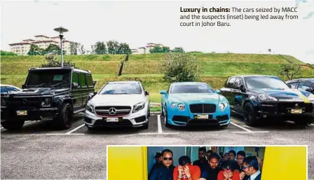  ??  ?? Luxury in chains: The cars seized by MACC and the suspects (inset) being led away from court in Johor Baru.