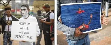  ?? PHOTOS BY ARIEL SCHALIT / AP ?? African migrants gather during a protest Feb. 7 in front of the Rwanda embassy in Herzeliya, Israel. Thousands of asylum seekers from Eritrea and Sudan may soon be forced to leave Israel. During the Feb. 7 protest, a man holds a photo that appears to...