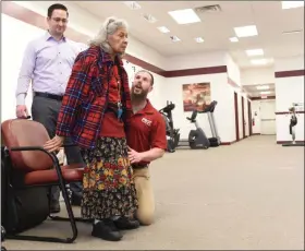  ?? BILL UHRICH — MEDIANEWS GROUP ?? Elba Gonzalez of Reading is evaluated for a fall risk by Pivot clinic director Brandon Cory, left, and Pivot area manager Dan Jensen at Pivot Physical Therapy in Muhlenberg Township.