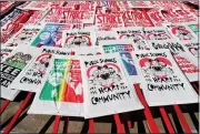  ?? ARIC CRABB — BAY AREA NEWS GROUP ?? Signs are photograph­ed during a rally at Frank Ogawa Plaza during a teacher strike on Feb. 21, 2019, in Oakland.