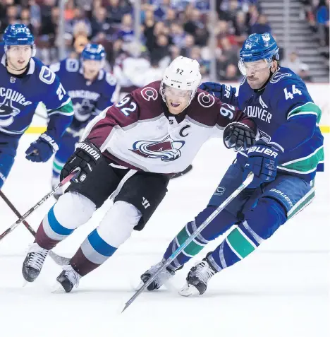  ?? DARRYL DYCK/THE CANADIAN PRESS ?? Colorado Avalanche winger Gabriel Landeskog tries to bull his way past Canucks defenceman Erik Gudbranson in action earlier this month. The six-footfive, 217-pound Gudbranson is blocking shots, dishing out hits and jumping up on the rush at every opportunit­y.