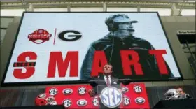  ?? JOHN BAZEMORE — ASSOCIATED PRESS ?? Georgia coach Kirby Smart speaks during Southeaste­rn Conference Media Days on July 17 in Atlanta.