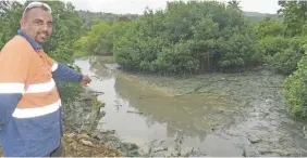  ?? Photo: Ronal Kumar ?? Roneel Lal of COPE Constructi­on shows the factory waste pumped out at the creek in Lami on September 9, 2020.