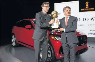  ??  ?? Left: World Car of the Year chairman Peter Lyons (left) and Jaguar Land Rover CEO Ralf Speth with the winning Jaguar F-Pace. Right, top: The Porsche Boxster/ Cayman pair won the World Performanc­e Car of the Year trophy. Middle: The latest BMW i3 (94Ah)...