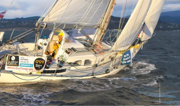  ??  ?? Finnish skipper Tapio Lehtinen and his Gaia 36 Asteria pass Hobart during the 2018/19 Golden Globe Race