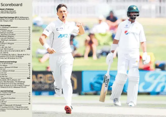  ?? Photo / Getty Images ?? A pumped Black Caps bowler Trent Boult celebrates taking the wicket of Pakistan batsman Abid Ali at Bay Oval yesterday.