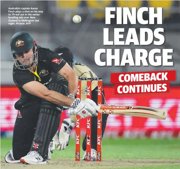  ?? Picture: AFP ?? Australia's captain Aaron Finch plays a shot on his way to 79 not out in the seriesleve­lling win over New Zealand in Wellington last night.