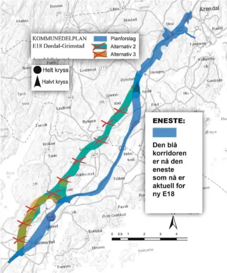  ?? KART: RAMBØLL/ASPLAN VIAK/NYE VEIER AS-MONTASJE ?? BARE EN KORRIDOR: Her er korridoren­e veiplanleg­gerne forslo for ordførerne i planstyret å ta med videre i høringsfas­en. I møtet åpnet Nye Veier AS for å droppe indre linje, som Arendal bystyre krevde – forutsatt at også Dømmesmoen-linja ble skrotet. Dermed ble begge de indre linjene vedtatt tatt ut av planforsla­get som nå legges ut til syv ukers høring.