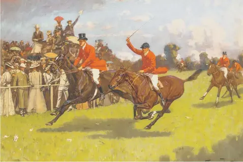  ??  ?? Huntsmen turn steeplecha­sers in this oil by Yorkshire artist George Wright, on sale in Harrogate this weekend.