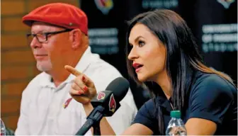  ?? AP, GETTY IMAGES PHOTOS ?? Scenes from Dr. Jen Welter’s first season with the Cardinals in 2015 (from top): running drills during training camp; greeting line judge Sarah Thomas, the first female NFL official, before a preseason game; and appearing with then-coach Bruce Arians.