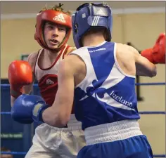 ??  ?? Jake McMahon from Liberty Bray and Jason Breen from Arklow in the ring.