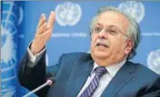  ?? AP ?? Saudi envoy to the UN Abdallah AlMouallim­i at a press conference at the United Nations headquarte­rs.