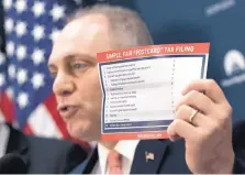  ?? J. SCOTT APPLEWHITE/ASSOCIATED PRESS ?? House Majority Whip Steve Scalise, R-La., holds up a proposed postcard-sized tax filing form as he talks about the GOP agenda for tax reform on Capitol Hill in Washington on Tuesday.