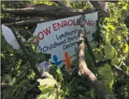  ??  ?? A sign outside of the Lyndhurst Childhood Enrichment Center on Mayfield Road in Lyndhurst was battered by severe storms that swept through the region on the night of Sept. 13 and early morning Sept. 14.