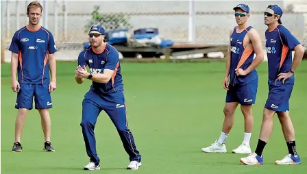  ?? — PTI ?? New Zealand players during a practice session at Brabourne stadium in Mumbai on Sunday.