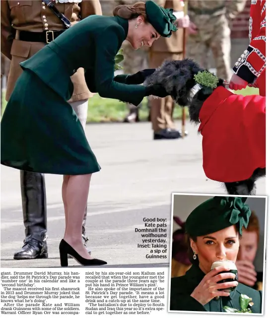  ??  ?? Good boy: Kate pats Domhnall the wolfhound yesterday. Inset: Taking a sip of Guinness