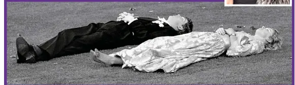  ??  ?? SLEEPING BEAUTIES: Kitty Arden has a well-earned shoeless nap on the lawn next to another reveller after partying the night away at the 1988 Magdalen Ball