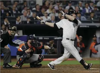  ??  ?? In this Oct. 18 file photo, New York Yankees’ Chase Headley hits a double during the sixth inning of Game 5 of baseball’s American League Championsh­ip Series against the Houston Astros, in New York. AP PHOTO/DAVID J. PHILLIP