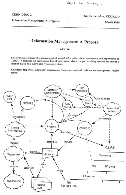  ??  ?? Première page du concept de World Wide Web imaginé par Tim Berners-Lee, annotée par Mike Sendall de ces trois mots: «Vague but exciting», mars 1989. © CERN