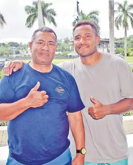  ?? Picture: JONACANI LALAKOBAU ?? Teti Tela, right, and dad Jiofiliti at the Grand Pacific Hotel in Suva on Tuesday.