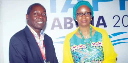 ??  ?? Marvin Abe, managing director of Apapa Bulk Terminal Ltd (ABTL )with Hadiza Bala0Usman, managing director of Nigerian Ports Authority (NPA), during the Internatio­nal Associatio­n of Ports and Harbous (IAPH) Regional Conference in Abuja recently.