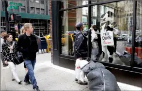  ?? AP/MARK LENNIHAN ?? People pass a Chick-fil-A “cow” in the window of a new Chick-fil-A restaurant in New York City that opens today.