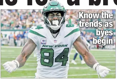  ?? AP ?? GO GREEN, EARN GREEN: First-year Jets wide receiver Corey Davis wasn’t around for any of the last five Gang Green bye weeks. The Jets lost the week before going into all of those bye weeks, although they’re on a 2-0 streak against the spread.