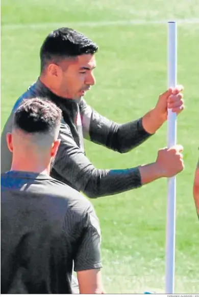  ?? FERNANDO ALVARADO / EFE ?? Luis Suárez clava una pica en el césped durante un entrenamie­nto antes de su visita al Barcelona.