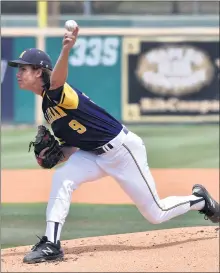  ?? PHOTO BY ROBERT CASILLAS ?? Junior Myles Patton pitched six-plus innings, allowing one run and striking out 12, to lead Millikan to a 2-1semifinal playoff win over Hart on Tuesday.