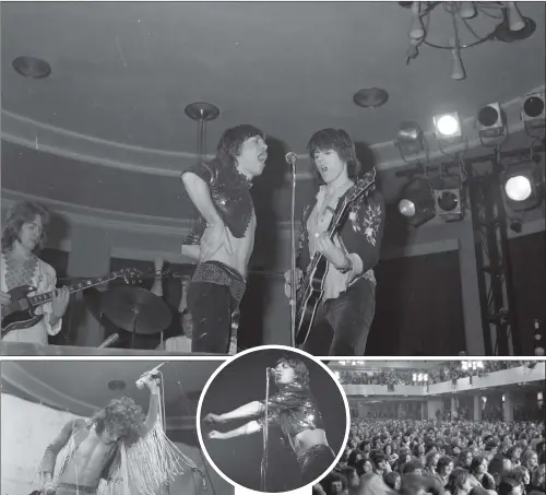  ??  ?? SATISFACTI­ON GUARANTEED: The Stones at Leeds University in 1971: Mick Jagger, Keith Richards, Mick Taylor and Charlie Watts; the audience; Jagger on stage; and left, Roger Daltrey of The Who, pictured in Leeds in 1970.