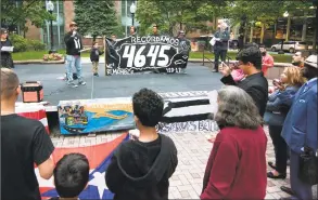  ?? Christian Abraham / Hearst Connecticu­t Media ?? Antonio Torres, with Puerto Rican Agenda, speaks during a rally organized by Make the Road CT &amp; CT Latinas in the Resistance at McLevy Green in Bridgeport on Thursday to commemorat­e the Puerto Rican victims of Hurricane Maria. The event was one of over 50 marking the anniversar­y of Hurricane Maria in Puerto Rico.