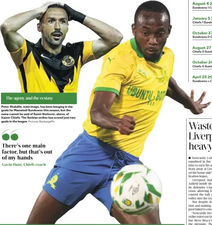  ?? Pictures: BackpagePi­x ?? The agony and the ecstasy
Peter Shalulile, main image, has been banging in the goals for Mamelodi Sundowns this season, but the same cannot be said of Samir Nurkovic, above, of Kaizer Chiefs. The Serbian striker has scored just two goals in the league.