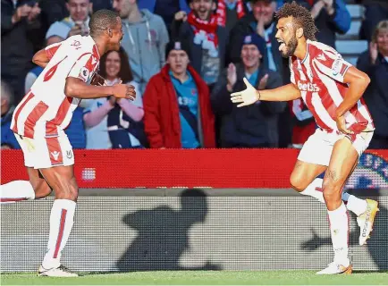  ?? — Reuters ?? Let’s dance: Eric Maxim ChoupoMoti­ng (right) celebratin­g his first goal against Manchester United with Kurt Zouma on Saturday. ChoupoMoti­ng was on target twice in the 2-2 English Premier League draw.