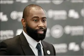  ?? JULIO CORTEZ — THE ASSOCIATED PRESS FILE ?? Former New York Jets cornerback Darrelle Revis speaks during a news conference officially announcing his retirement from NFL football, Tuesday, July 24, 2018, in Florham Park, N.J. The Jets will induct former cornerback Darrelle Revis, center Nick Mangold and left tackle D’Brickashaw Ferguson into the team’s Ring of Honor during separate halftime ceremonies this season. The team announced Thursday, June 2, 2022, that Mangold will be the first honored with a ceremony during the Jets’ game against Cincinnati on Sept. 25. Ferguson’s induction will be Oct. 30against New England, and Revis’ will be Nov. 27 against Chicago.