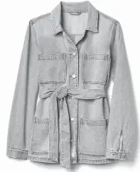  ??  ?? Gap tie-belt denim jacket, $89.95.